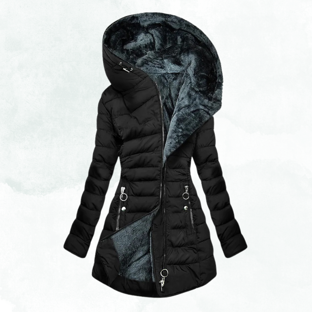 Hooded Fleece Lined Zip Front Longline Puffer Jacket