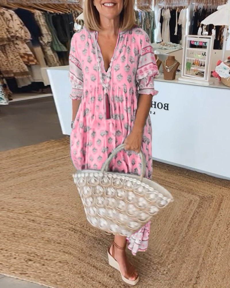 Eliana | Boho Tassel Midi Dress Pink