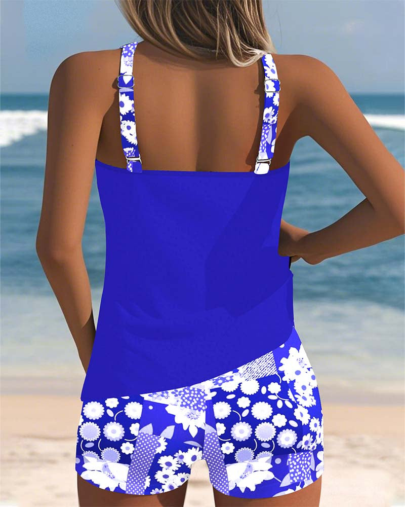 Racerback Tankini Top and Floral Shorts Swimsuit Set