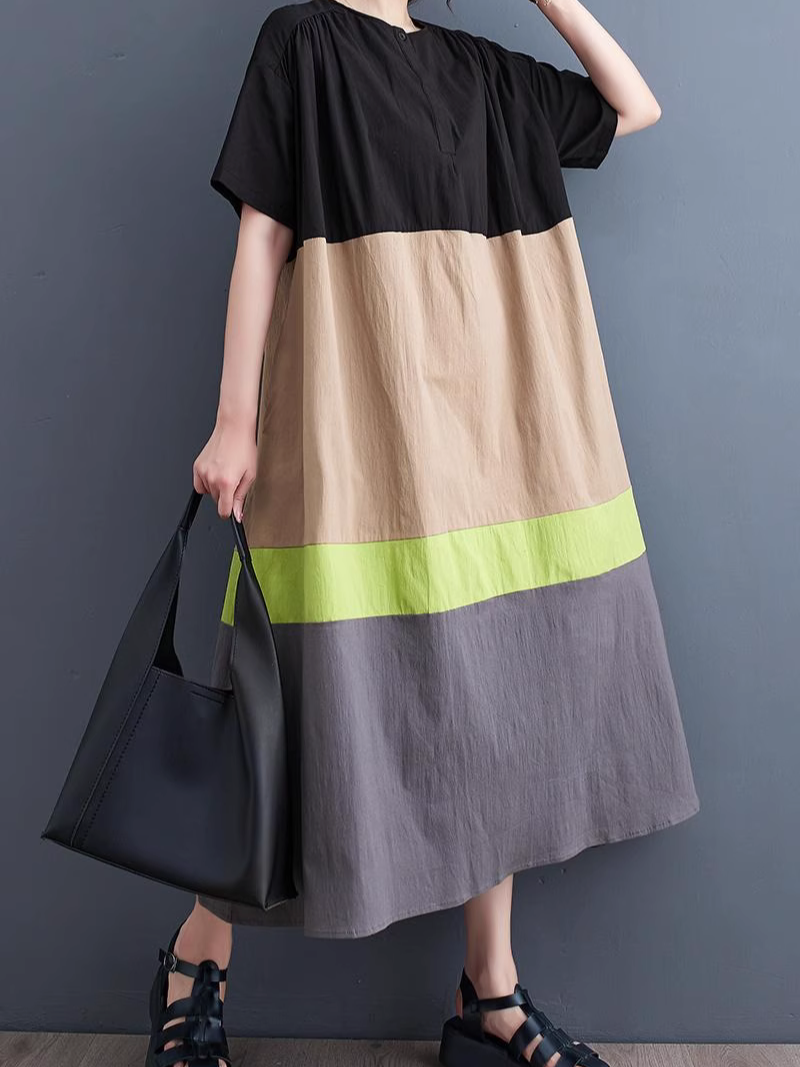 Colorblock Button Front Oversized Short Sleeve Midi Dress