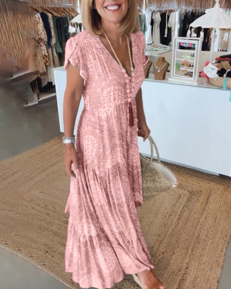 V-Neck Flutter Sleeve Buttoned Tiered Boho Maxi Dress