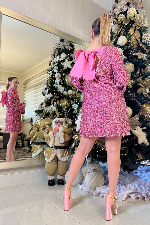 Sequin Long Sleeve Open Back Bow Tie Mini Dress