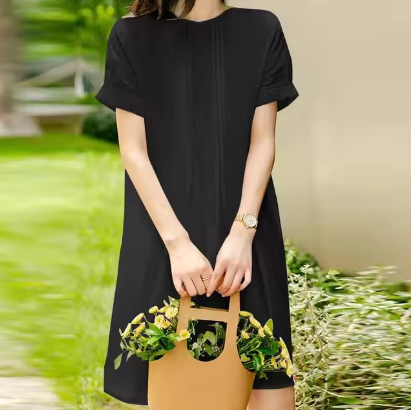 Round Neck Puff Sleeve Lace Trim Pintuck A-Line Midi Dress
