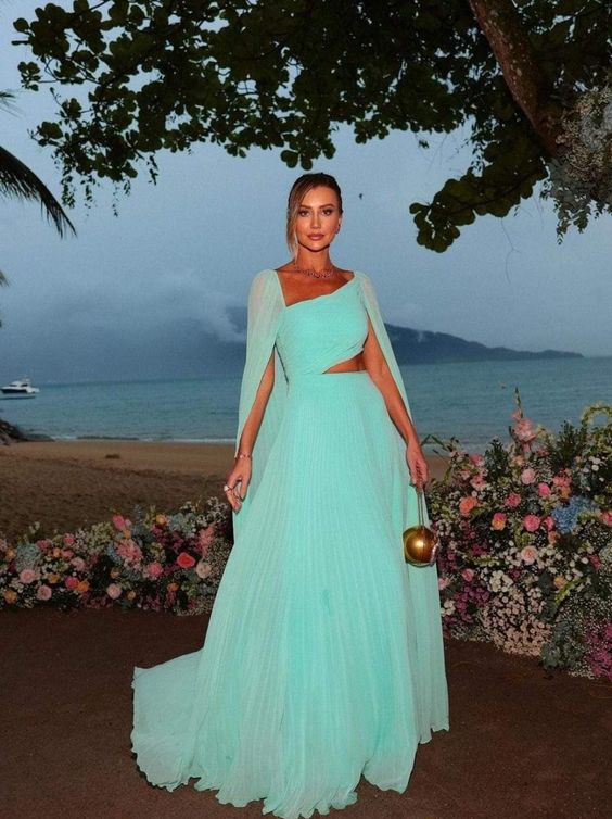 Party Dresses Elegant Mint Green Chiffon Prom Dress A-Line Long Cape Sleeves Floor Length Formal Evening Gowns