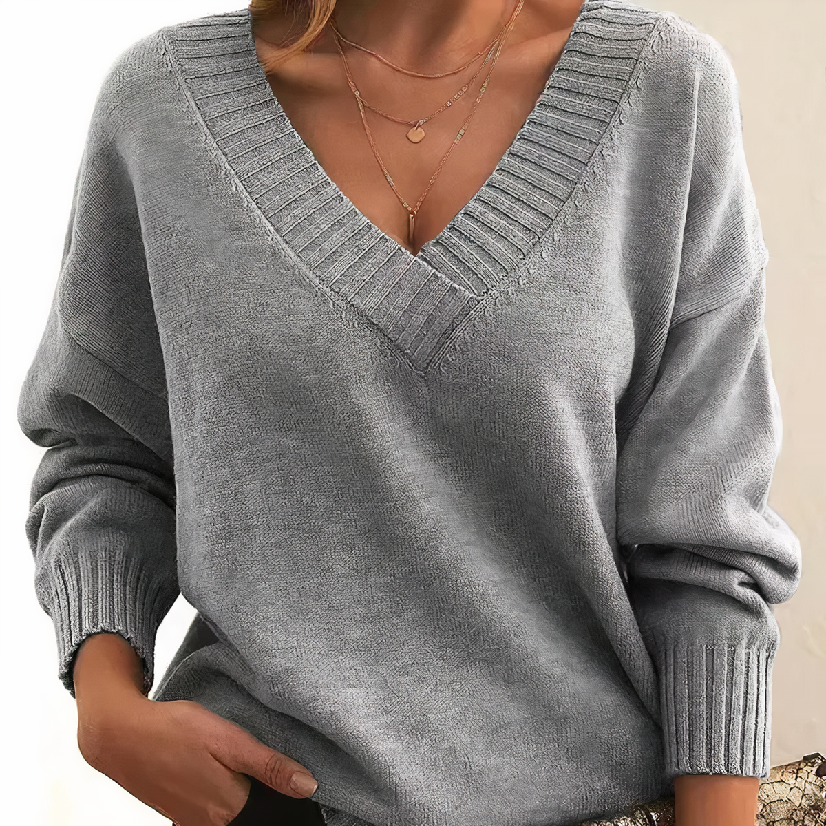 Deep V-Neck Ribbed Trim Drop Shoulder Sweater