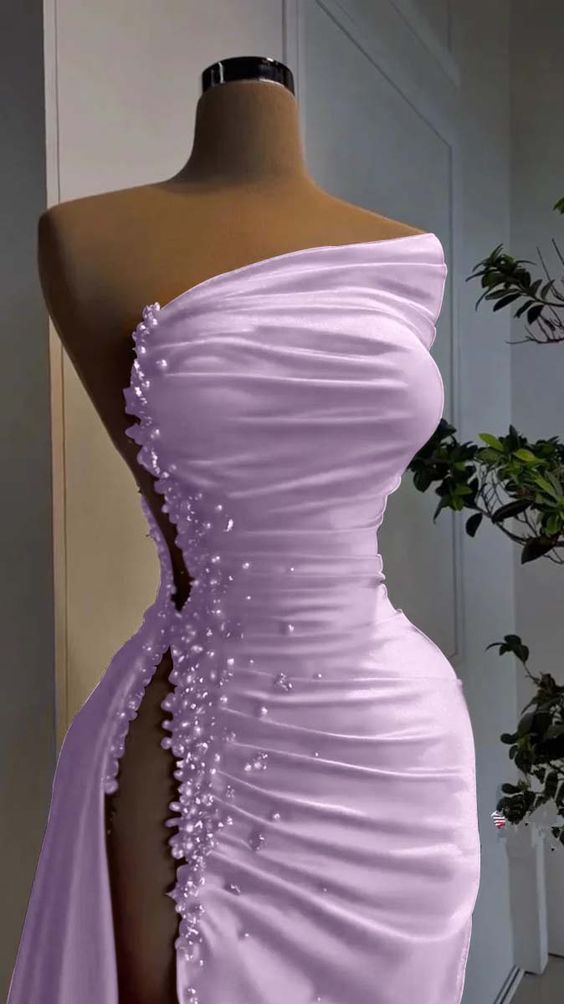 Pearl Strapless Prom Dress Long Slit Sleeveless Gown