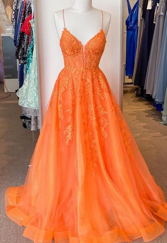 Orange Straps Lacetulle Long Prom Dress