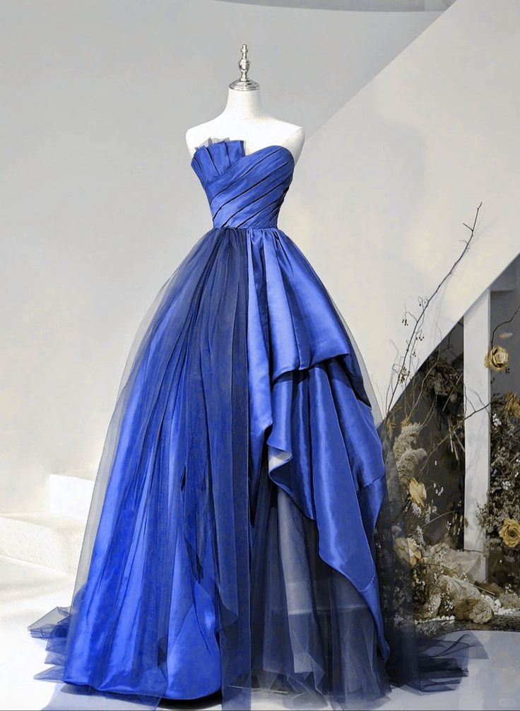 Blue Satin And Tulle Long Party Dress Prom Dress Blue Evening Dress