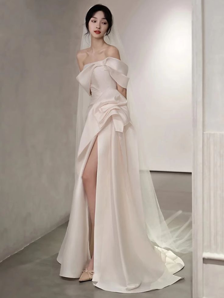 Off-The-Shoulder Satin High Split Twist Front Train Dresses For Wedding