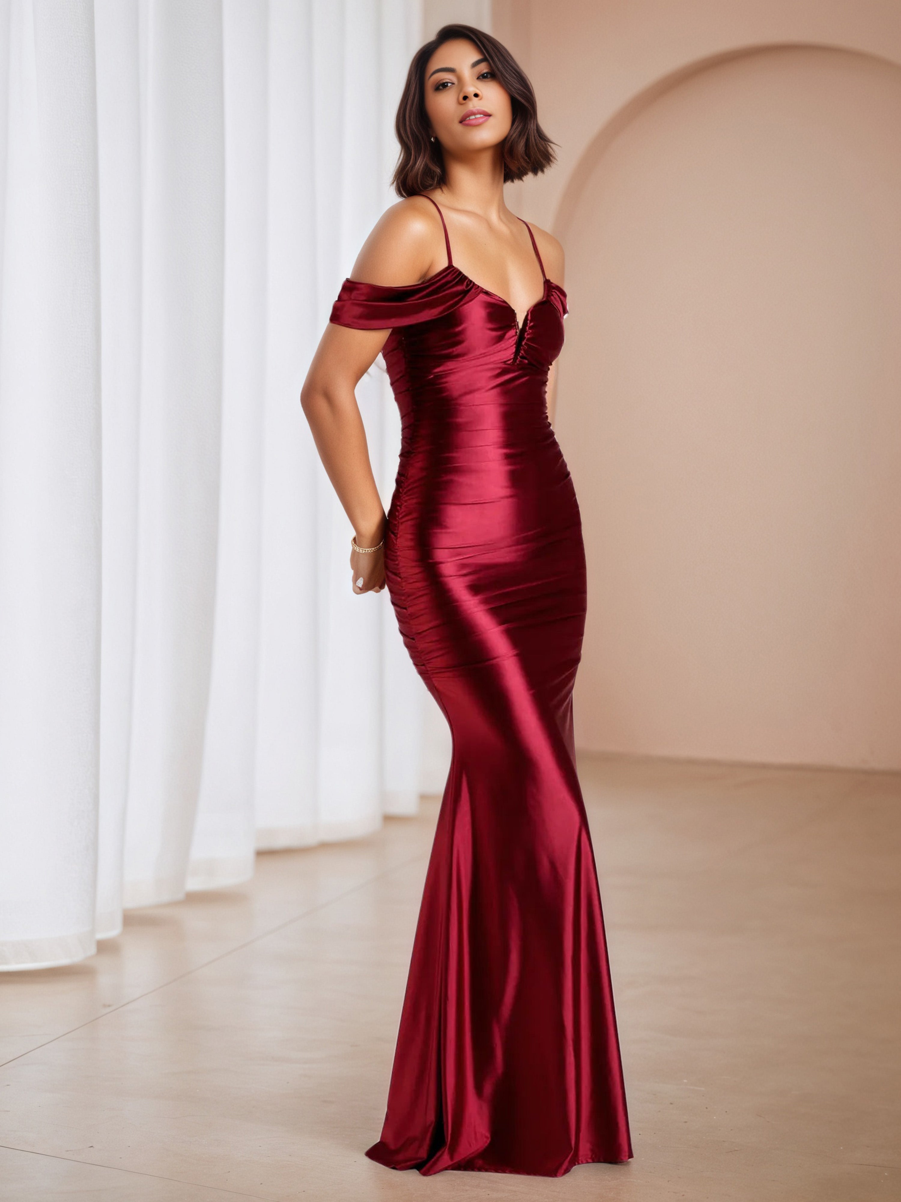 Spaghetti Straps Notched Off The Shoulder Burgundy Formal Dresses