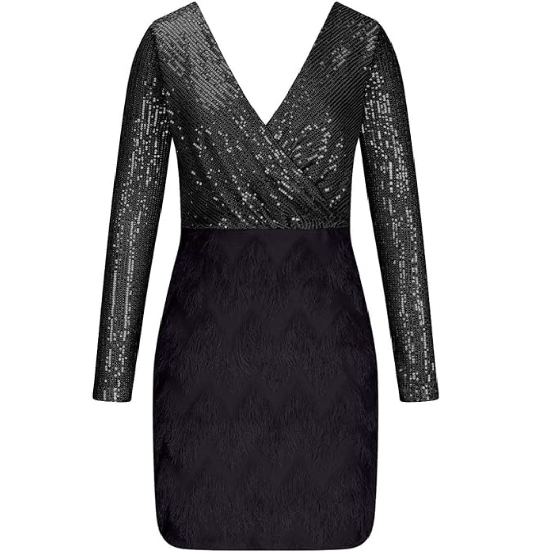 Sequin Deep V-Neck Wrap Long Sleeve Textured Skirt Mini Dress