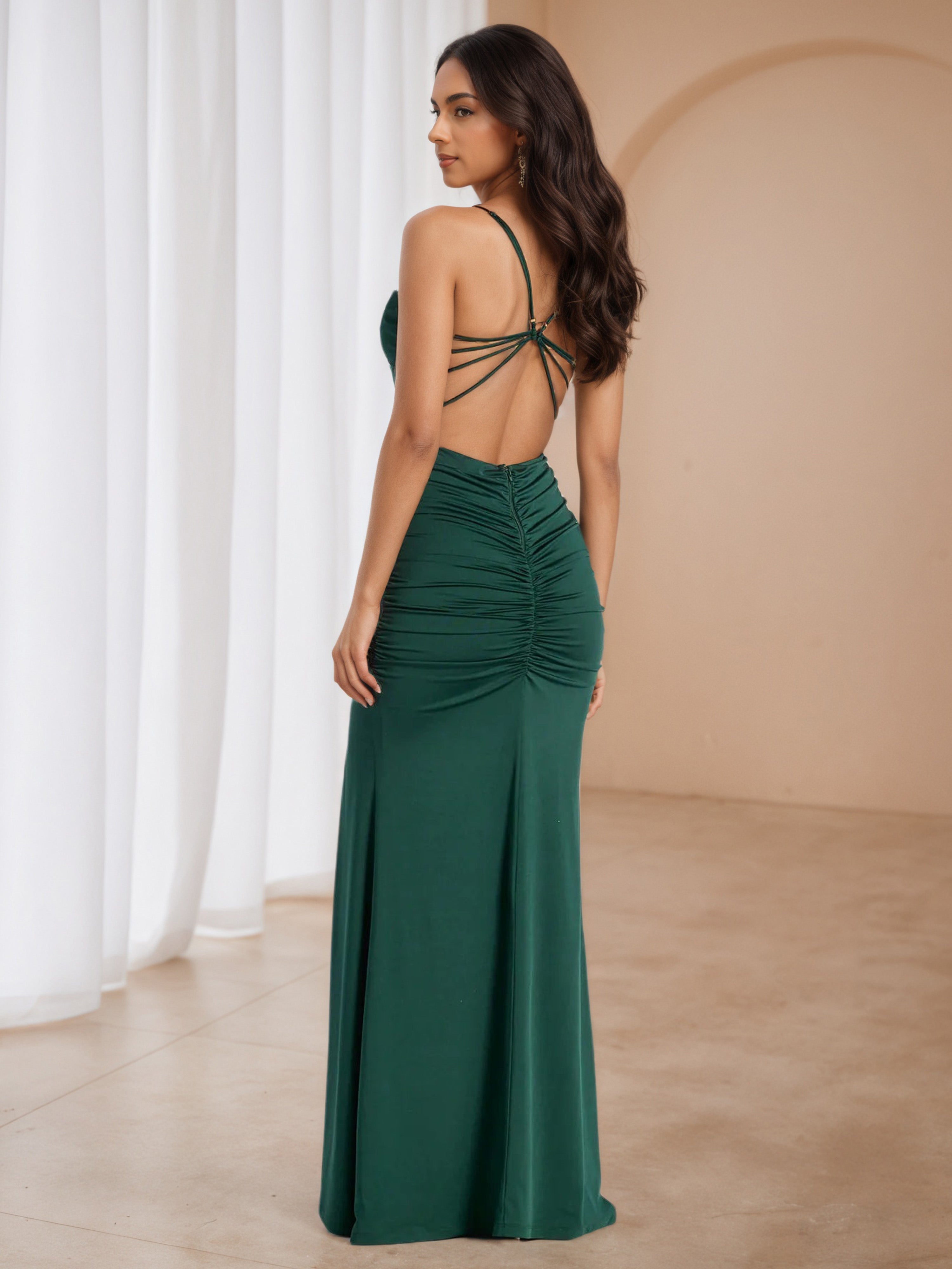 Peacock Ruched Sleeveless Formal Dresses