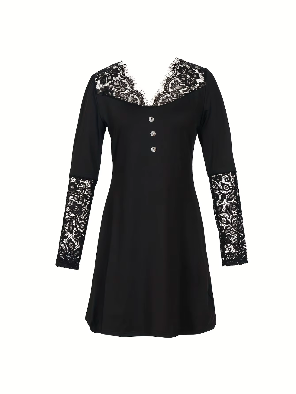 Lace Trim V-Neck Long Sleeve Button Front Mini Dress