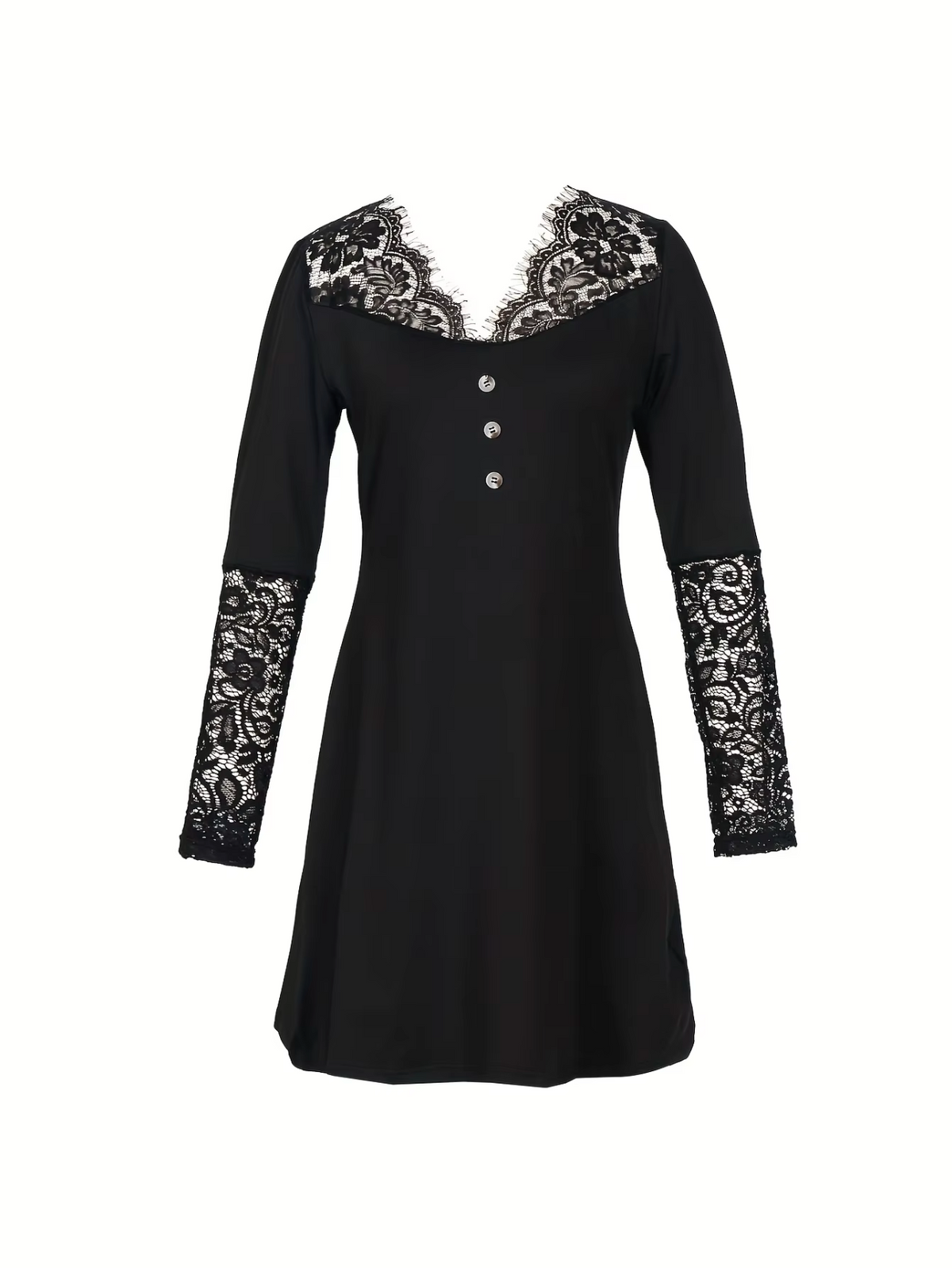Lace Trim V-Neck Long Sleeve Button Front Mini Dress - View 2