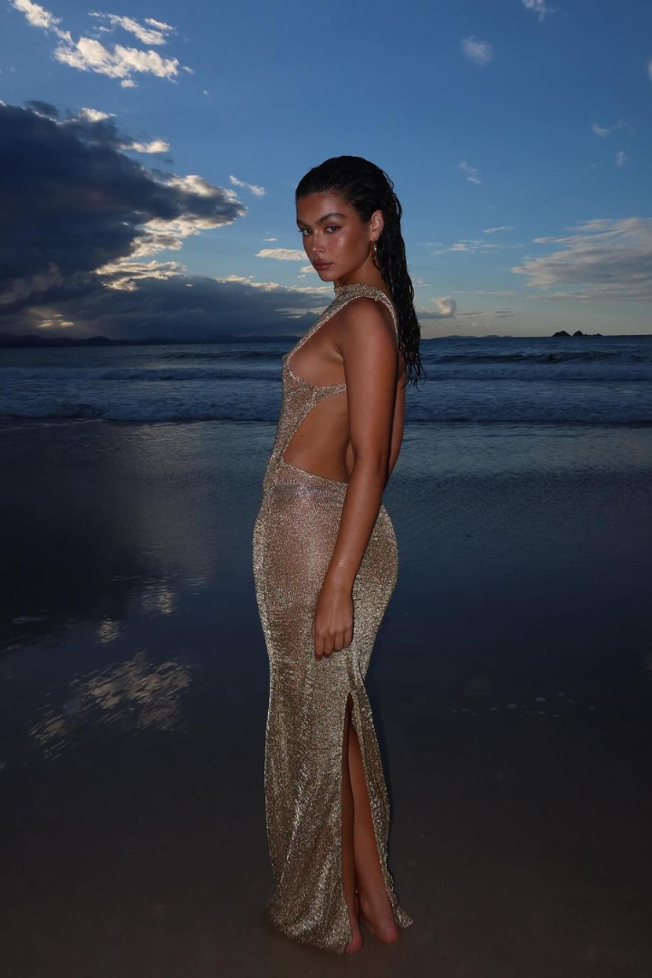 Metallic Knit High Neck Side Cut Out Backless High Split Maxi Dress