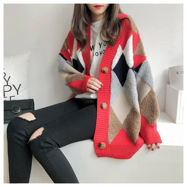 Diamond Plaid Pattern Loose Knitted Cardigan Sweater