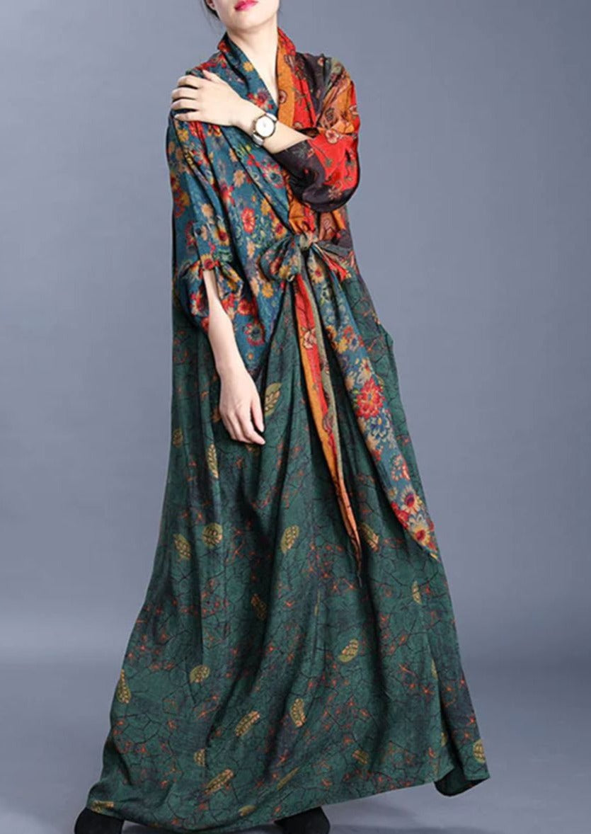 Floral Patchwork V-Neck Knotted Front Long Sleeve Maxi Dress