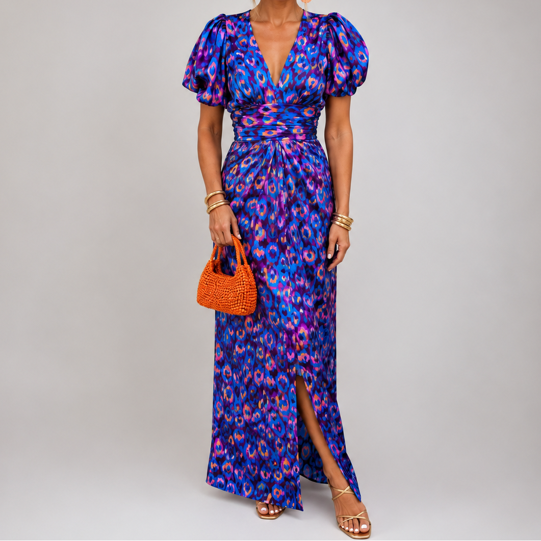 Ikat Print Deep V-Neck Puff Sleeve High Split Maxi Dress