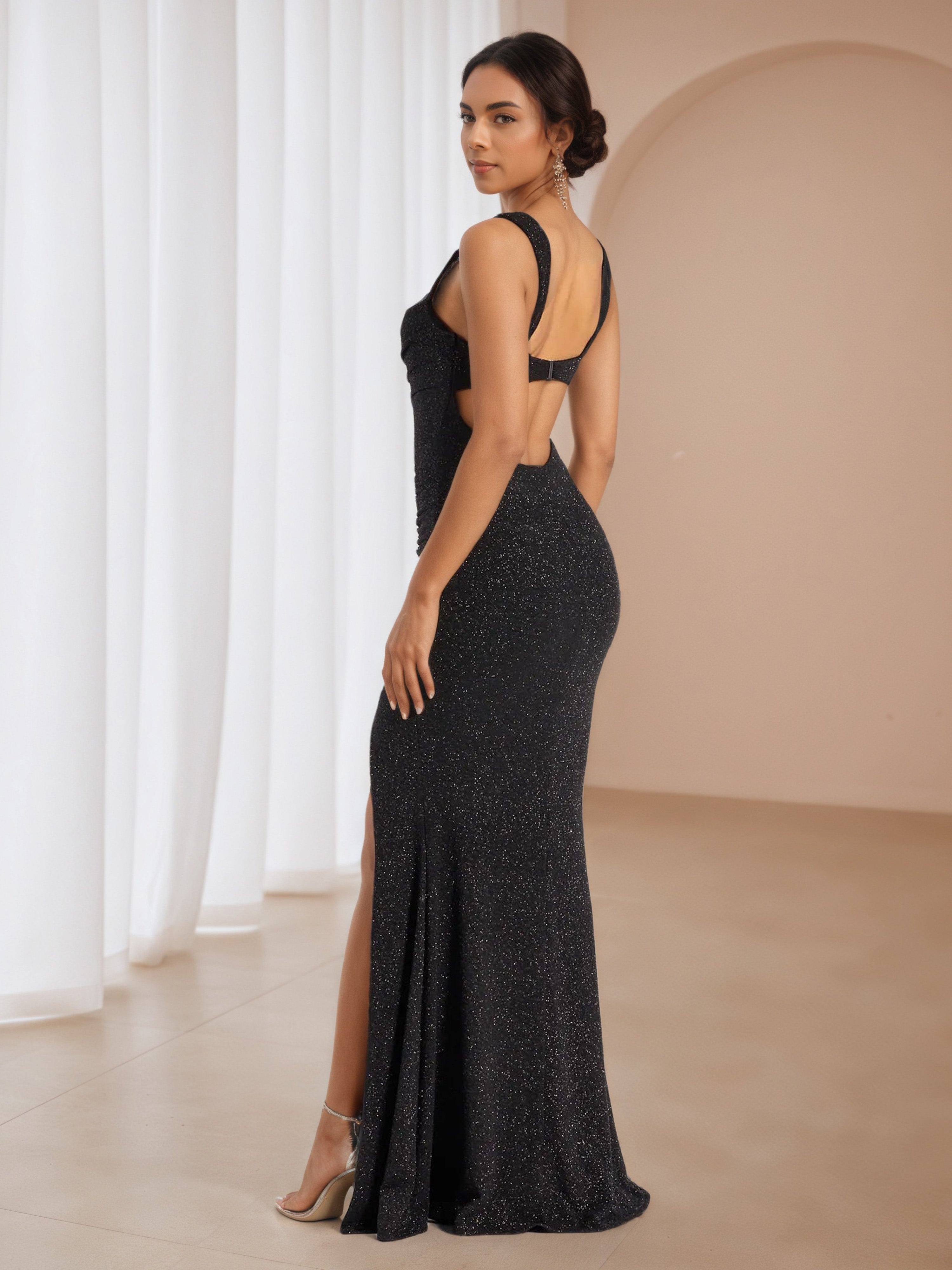 Glitter Straps Black Sweep/Brush Train Formal Dresses