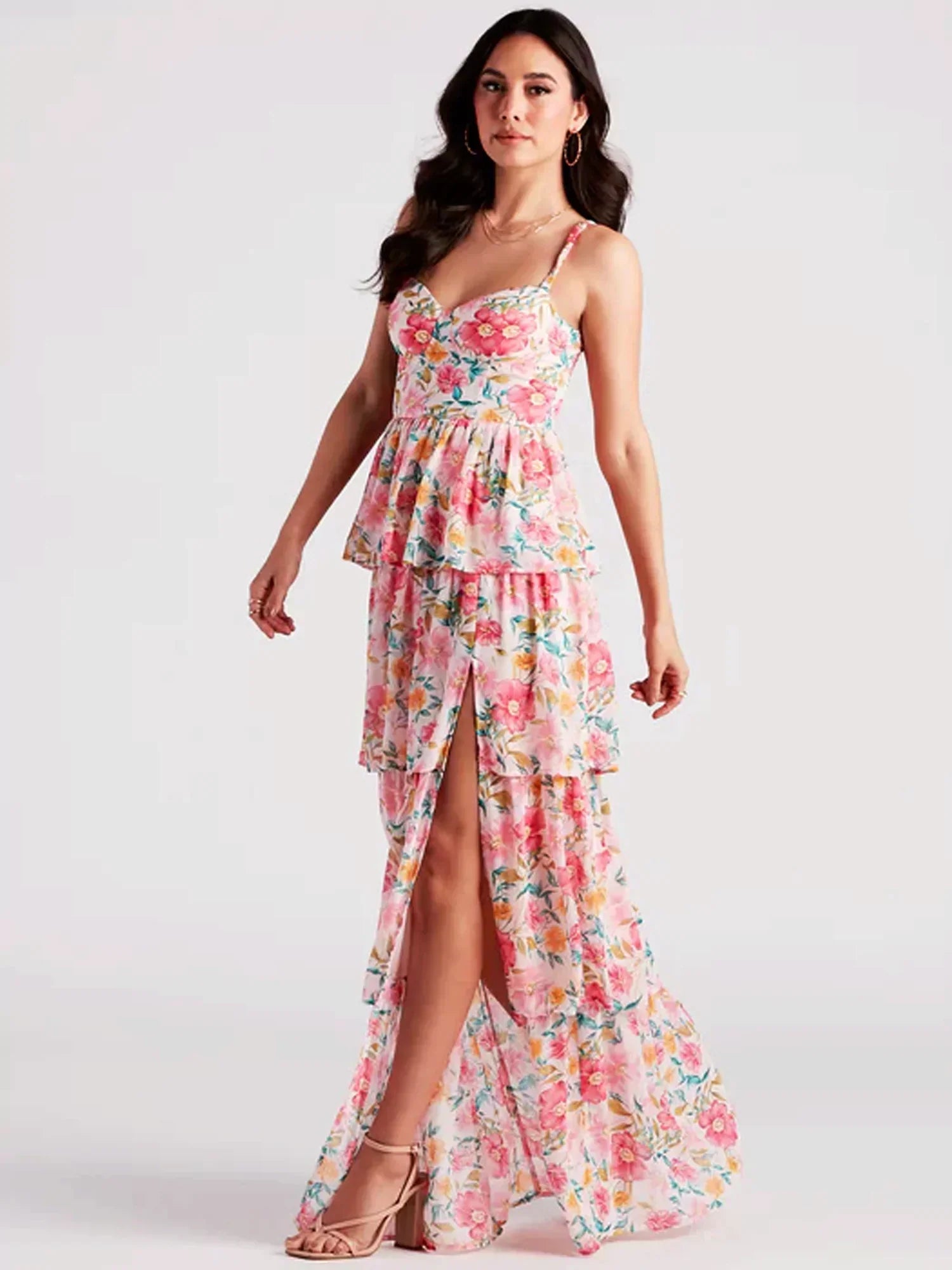 Floral Print Sweetheart Strapless Tiered Ruffle High Split Chiffon Maxi Gown
