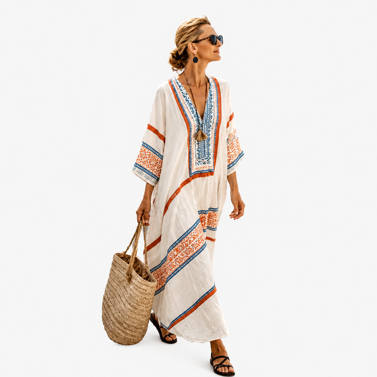 Bohemian Border Print V-Neck Kaftan Maxi Dress