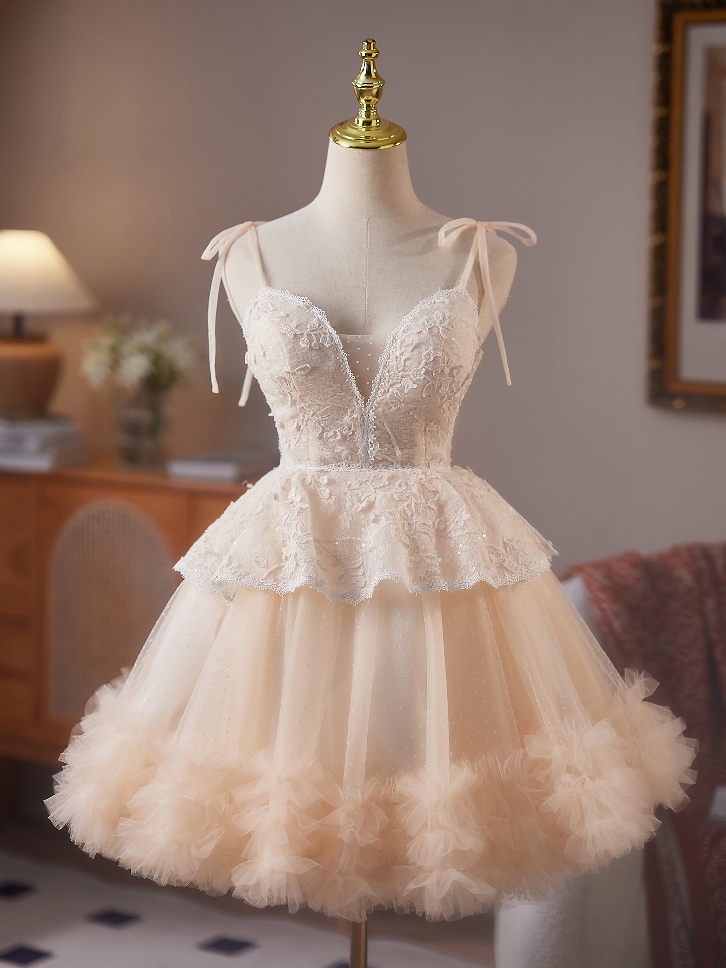 Charming Spaghetti Straps A Line Champagne V Neck Homecoming Dress