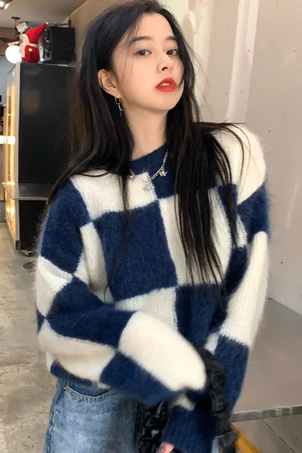 Blue Plaid O-Neck Knitted Sweater