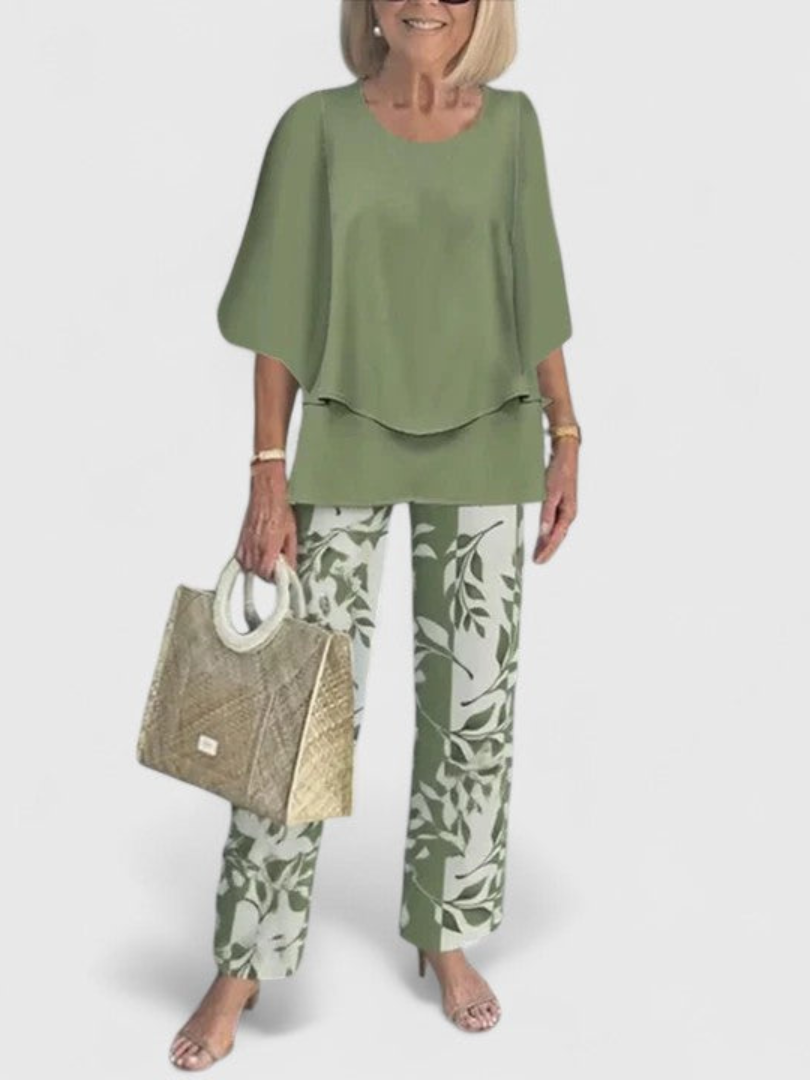 Layered Cape Overlay Top and Leaf Print Pants Two Piece Set