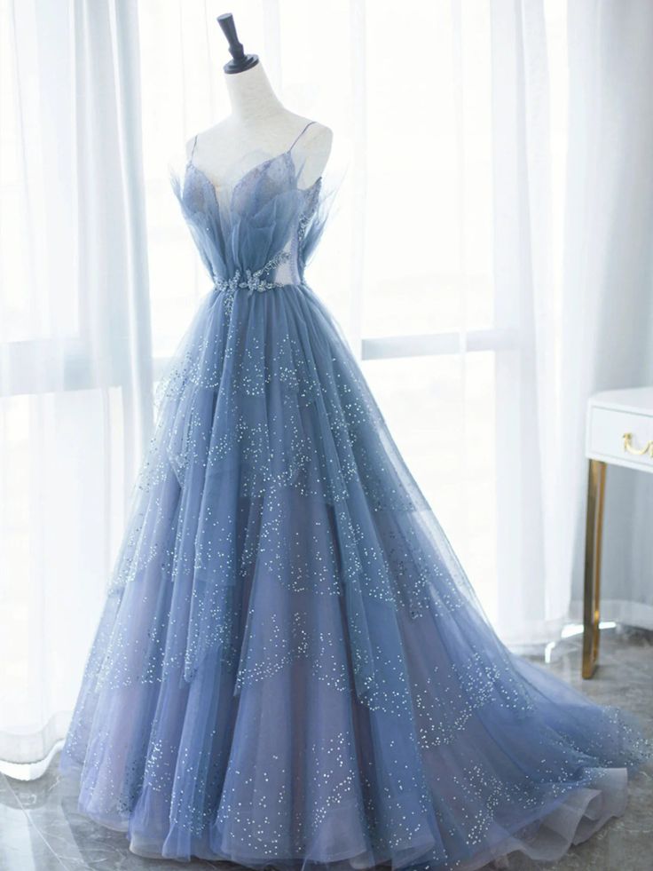 Blue Tulle Gorgeous V Neck Long Prom Dress A-Line Tulle Formal Evening Dress