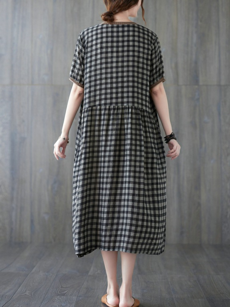 Gingham V-Neck Short Sleeve Drop Waist Pocket A-Line Midi Dress