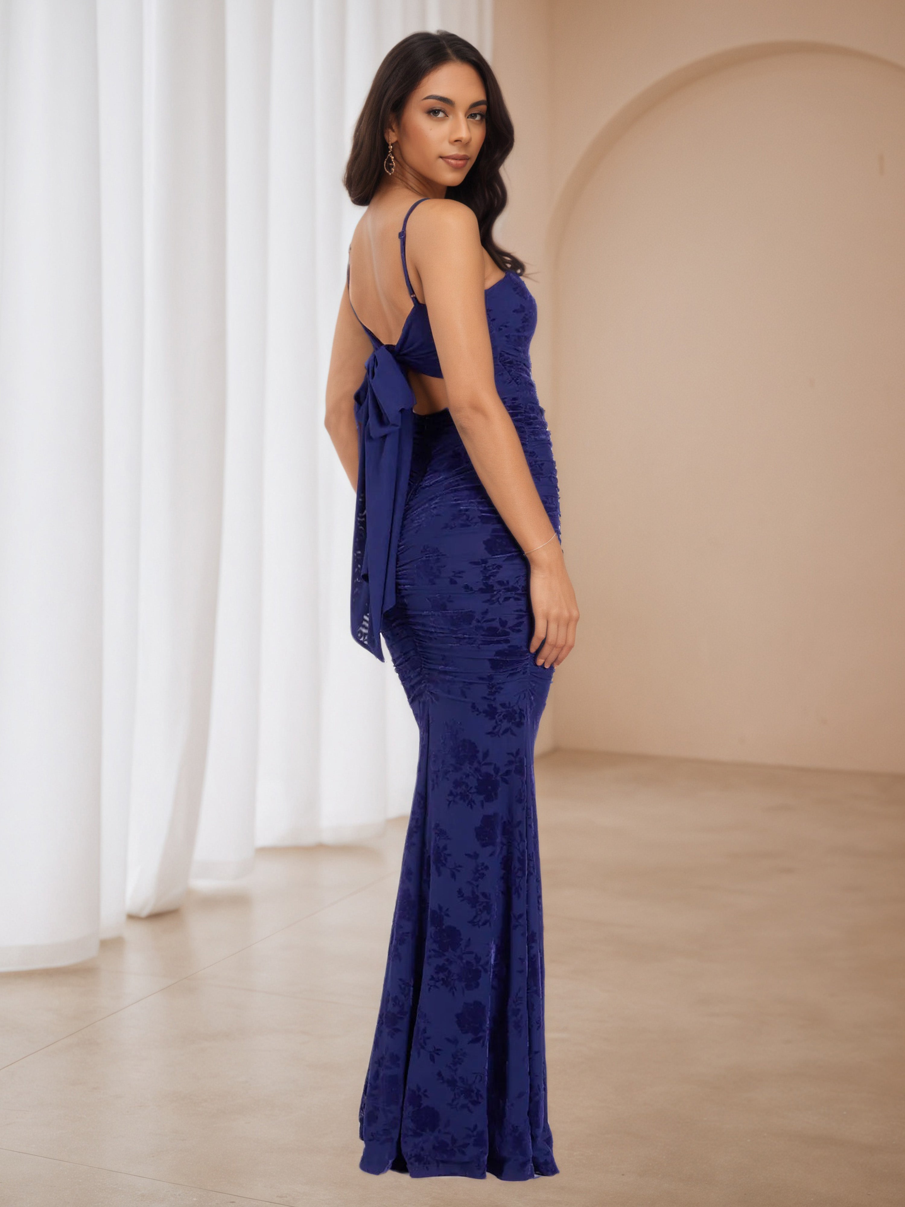 Floral Navy Blue Spaghetti Straps Trumpet/Mermaid Formal Dresses