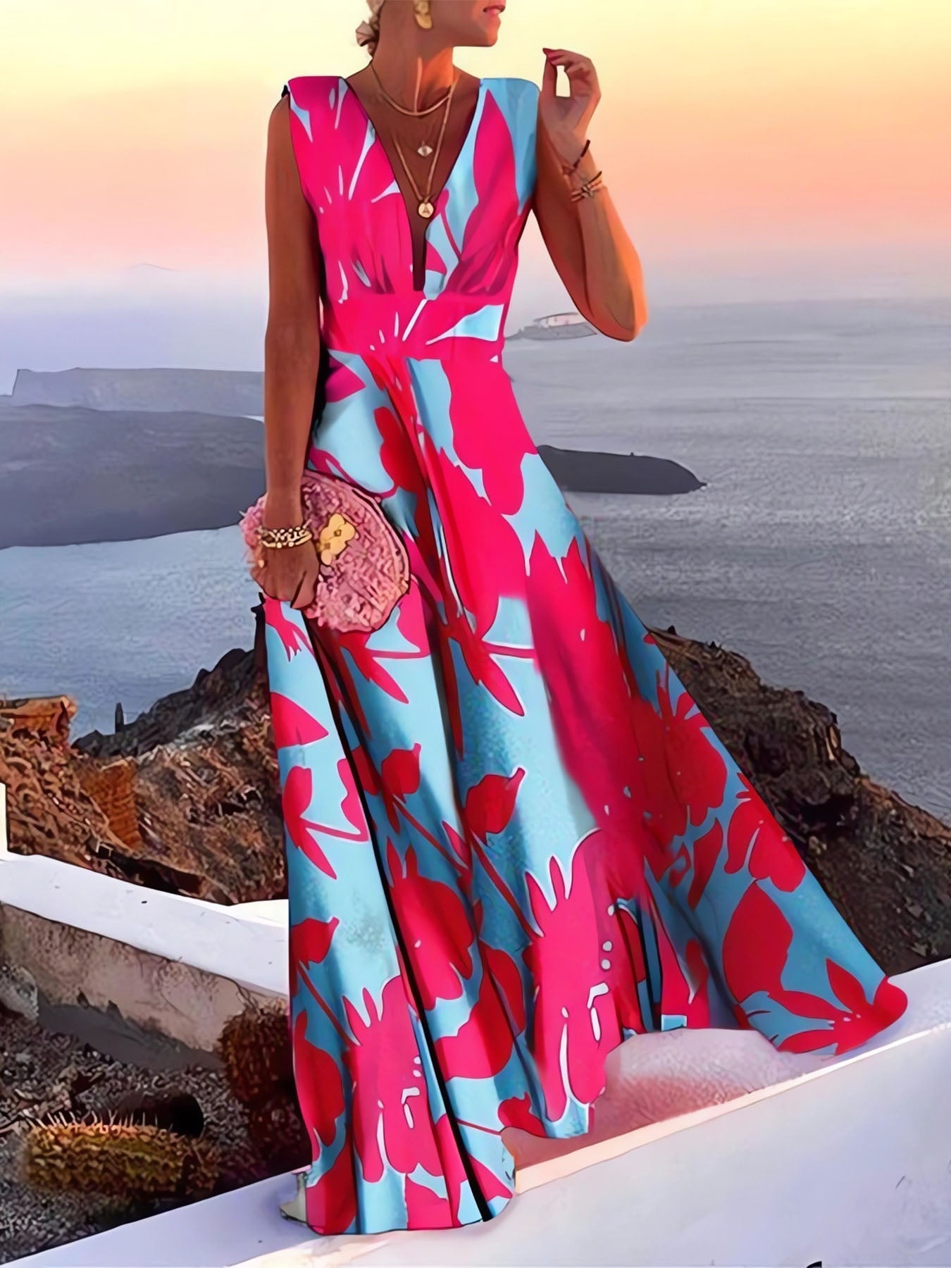 Tropical Floral Deep V-Neck Sleeveless Maxi Dress 5