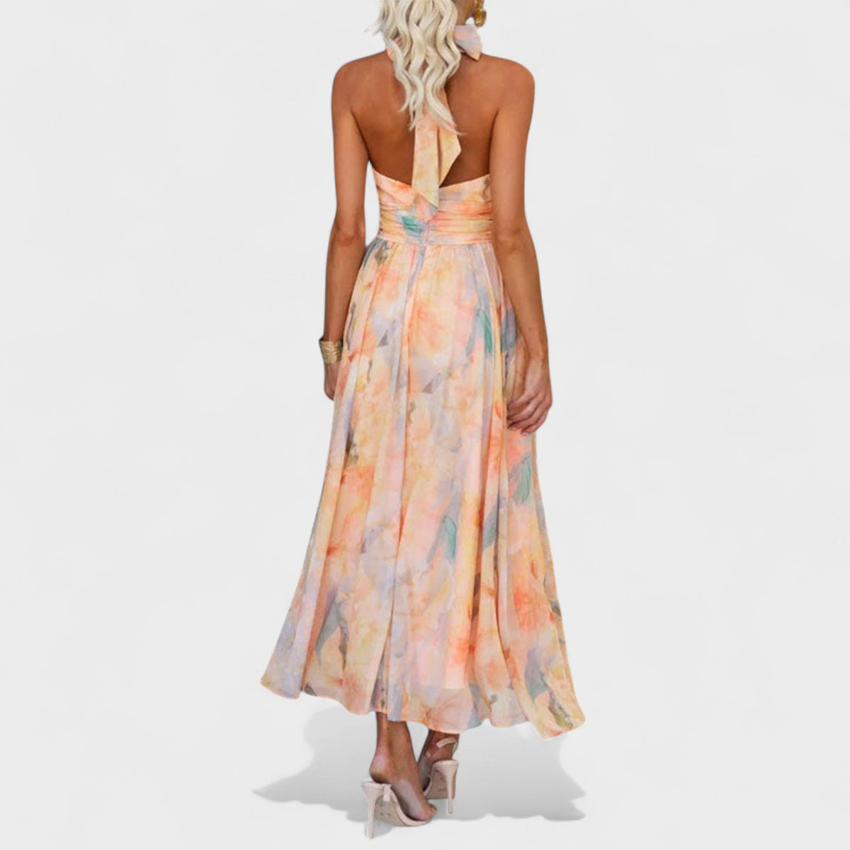 Abstract Print Halter Neck Cross Waist Maxi Dress