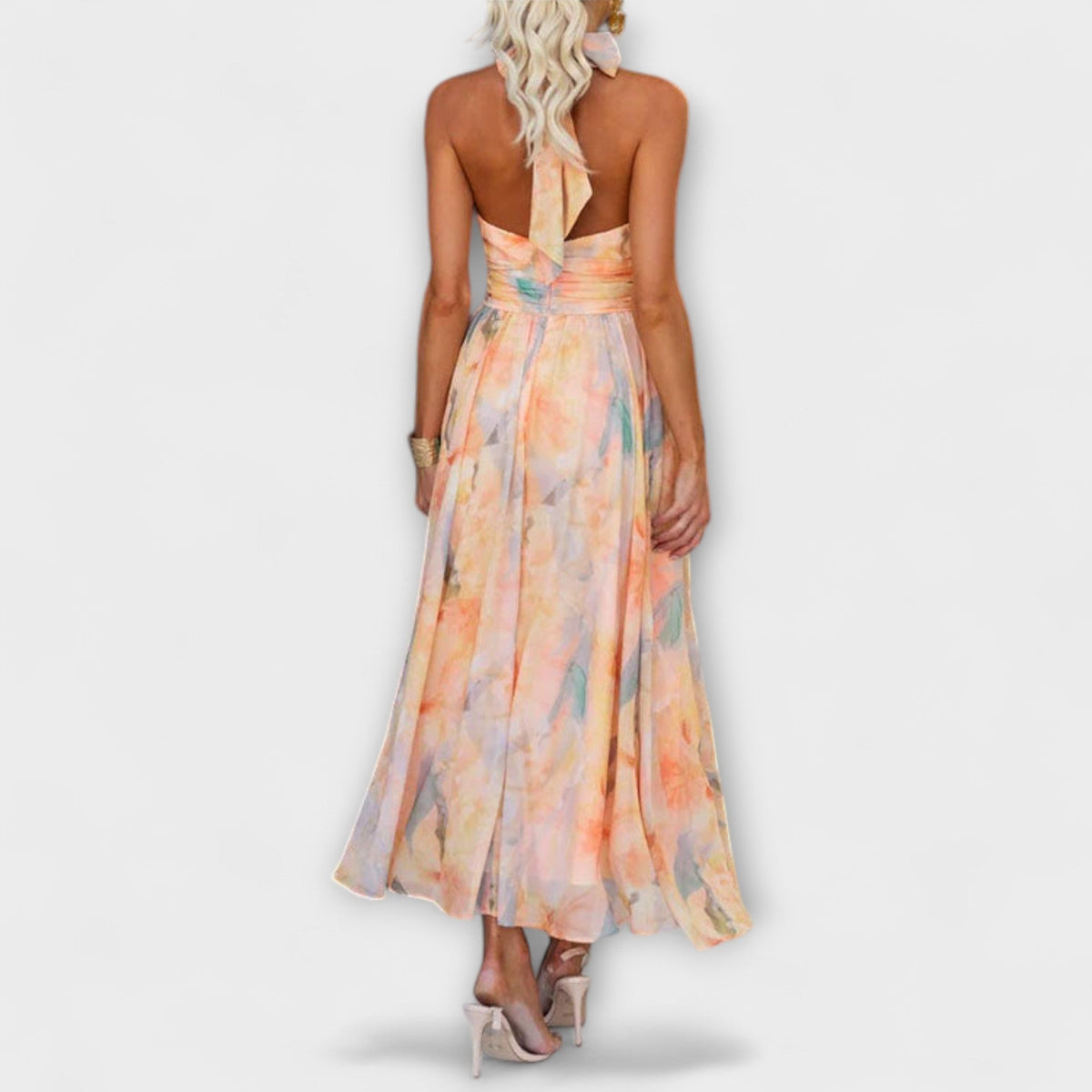 Halter Neck Watercolor Print Open Back Maxi Dress