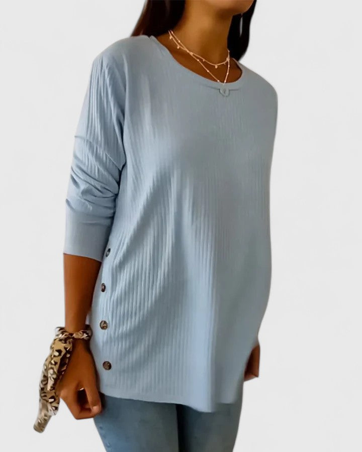 Crew Neck Long Sleeve Ribbed Side Button Top
