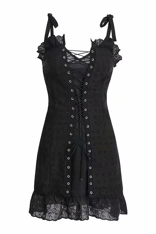 Tie Shoulder Eyelet Lace Up Corset Ruffle Hem Bodycon Mini Dress