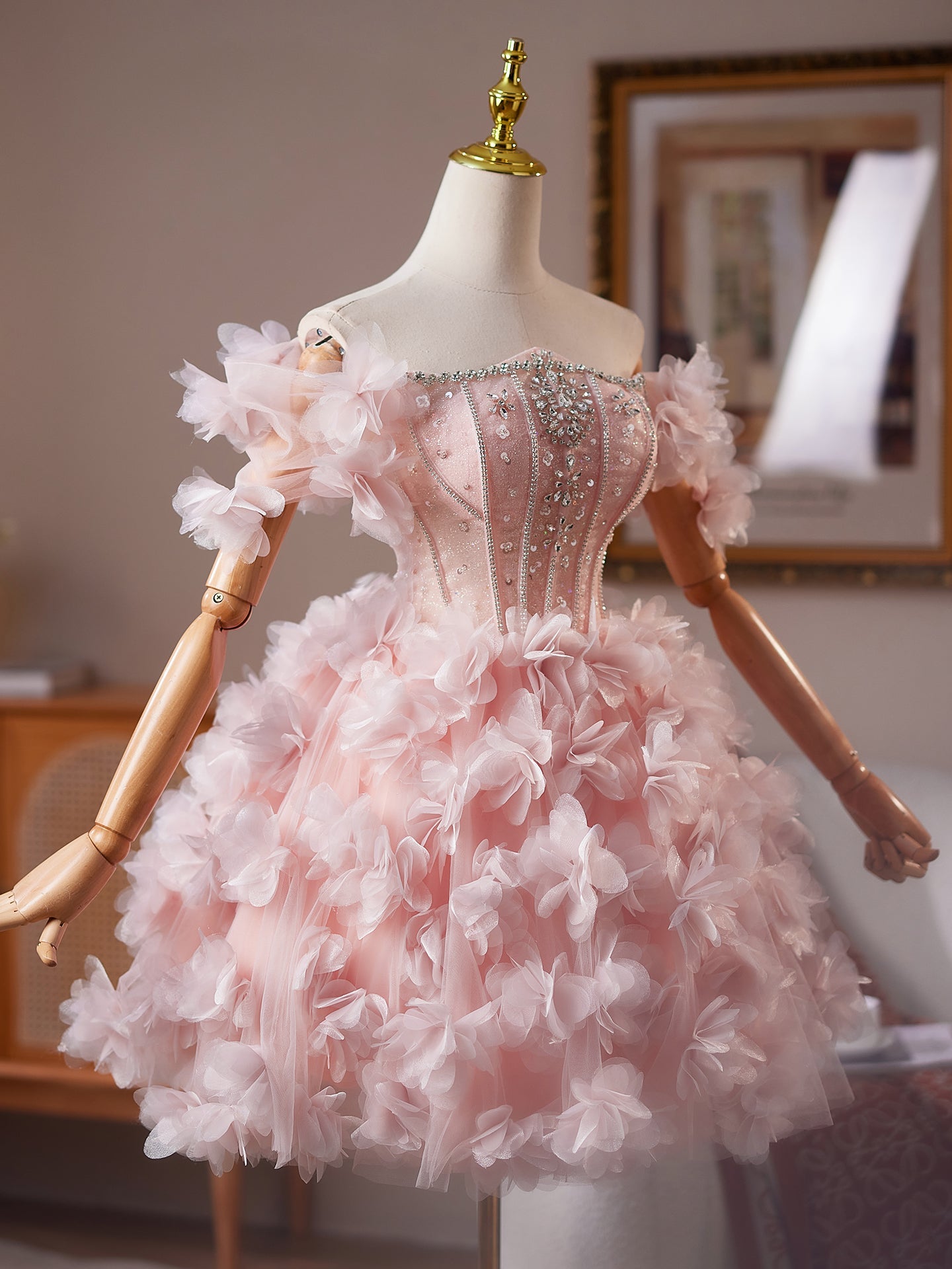 Princess Pink Off The Shoulder Ball Gown Homecoming Dress with Crystals