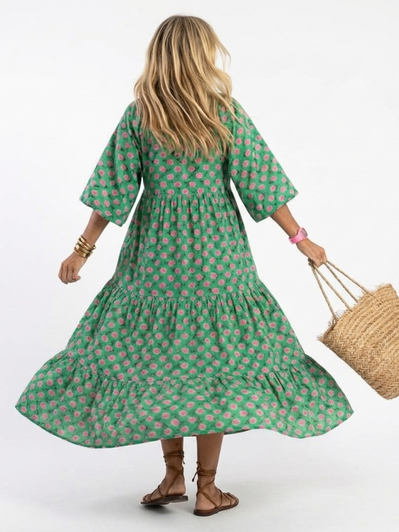 Floral Print V-Neck Half Sleeve Tiered Maxi Dress