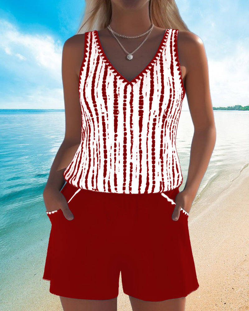 Striped V-Neck Sleeveless Pocket Playsuit