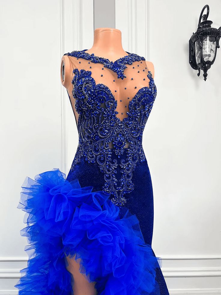 Royal Blue Mermaid Prom Dress Ruffled Evening Dresses with Slit    fg7640