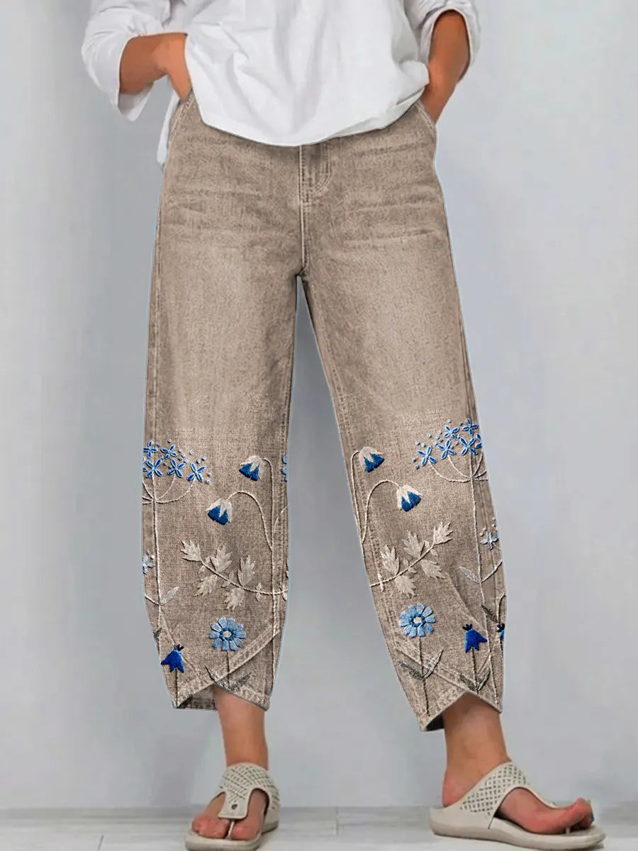 Floral Embroidered Wide Leg Cropped Denim Trousers