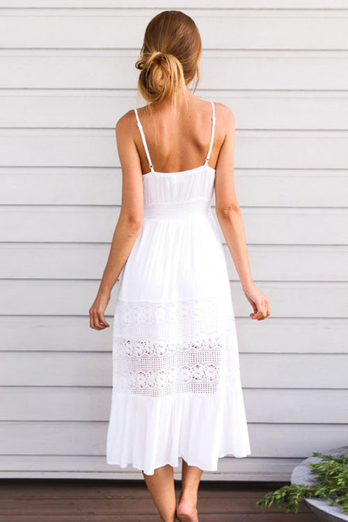 Spaghetti Strap V-Neck Button Front Lace Trim Tiered Ruffle Midi Dress