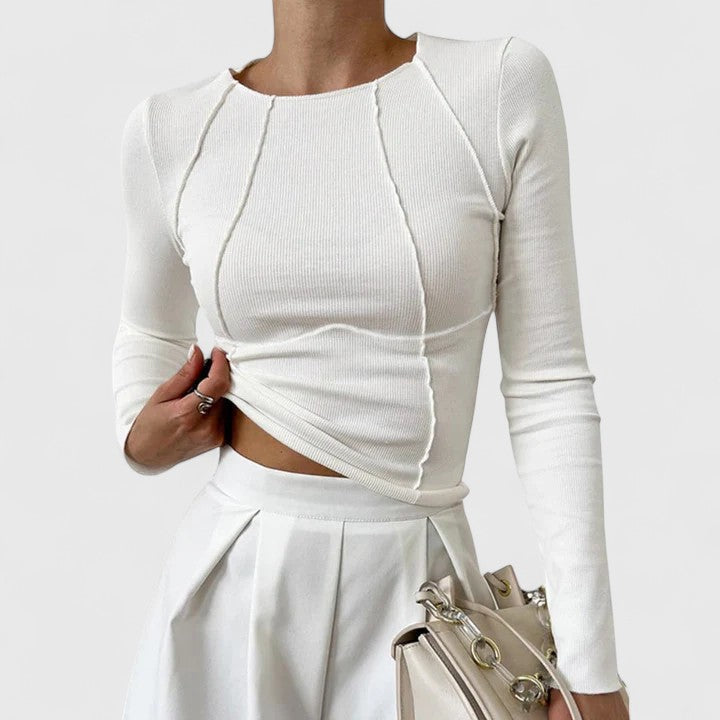 Crew Neck Long Sleeve Ribbed Seam Detail Crop Top