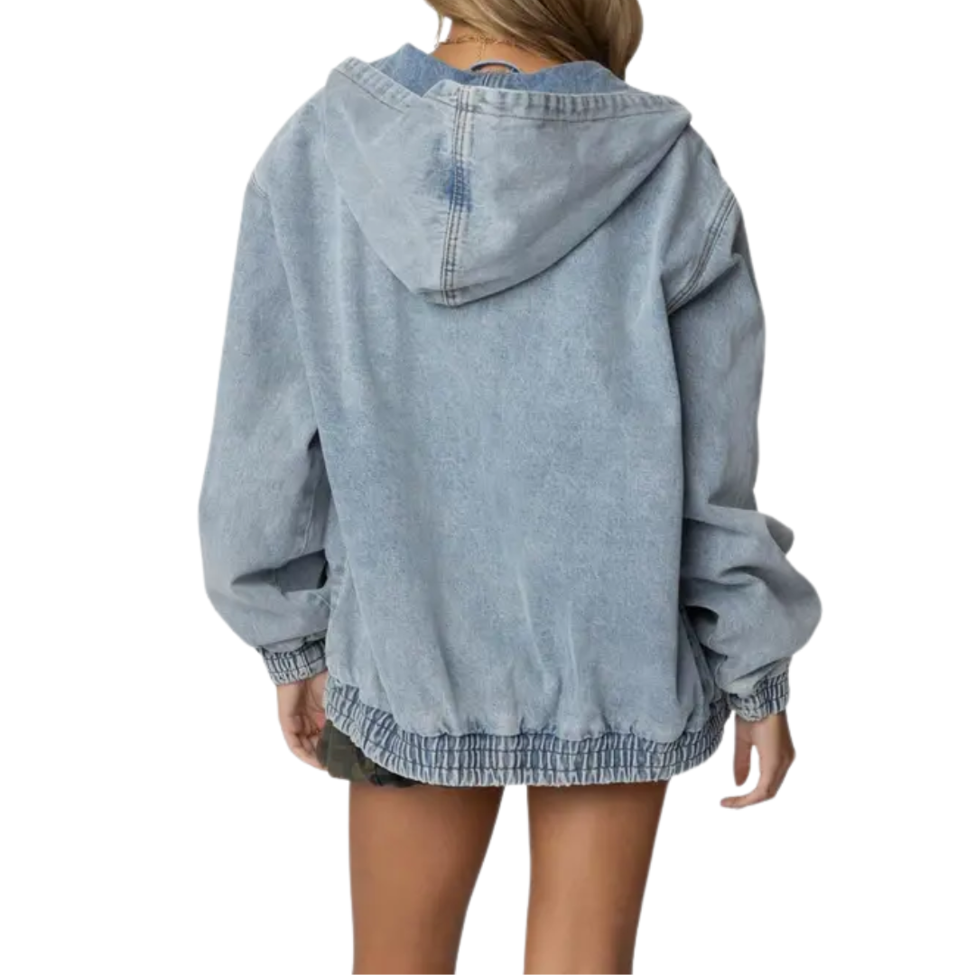 Oversized Hooded Zip Front Denim Jacket