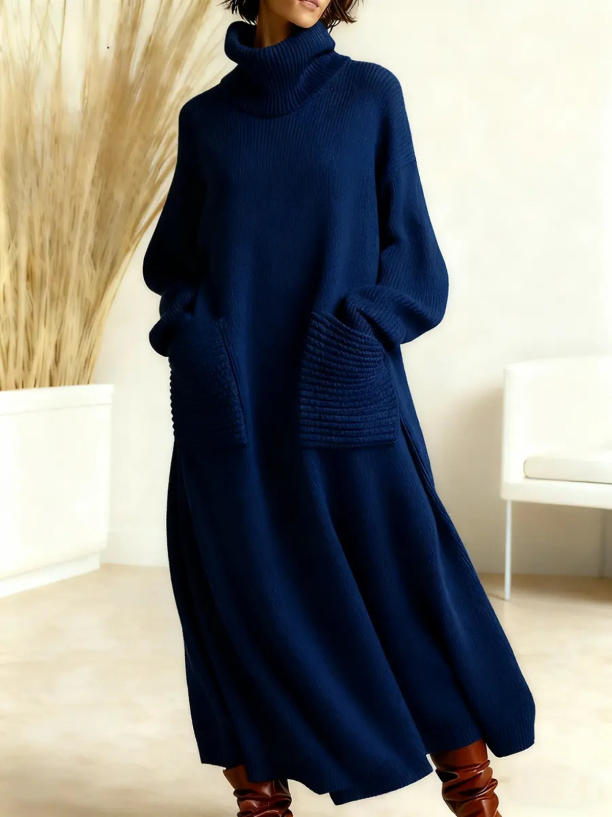 Turtleneck Pocket Knit Maxi Sweater Dress