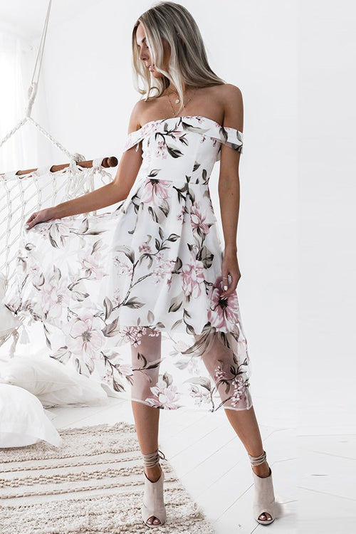Tulle Floral Embroidered Off Shoulder Midi Dress