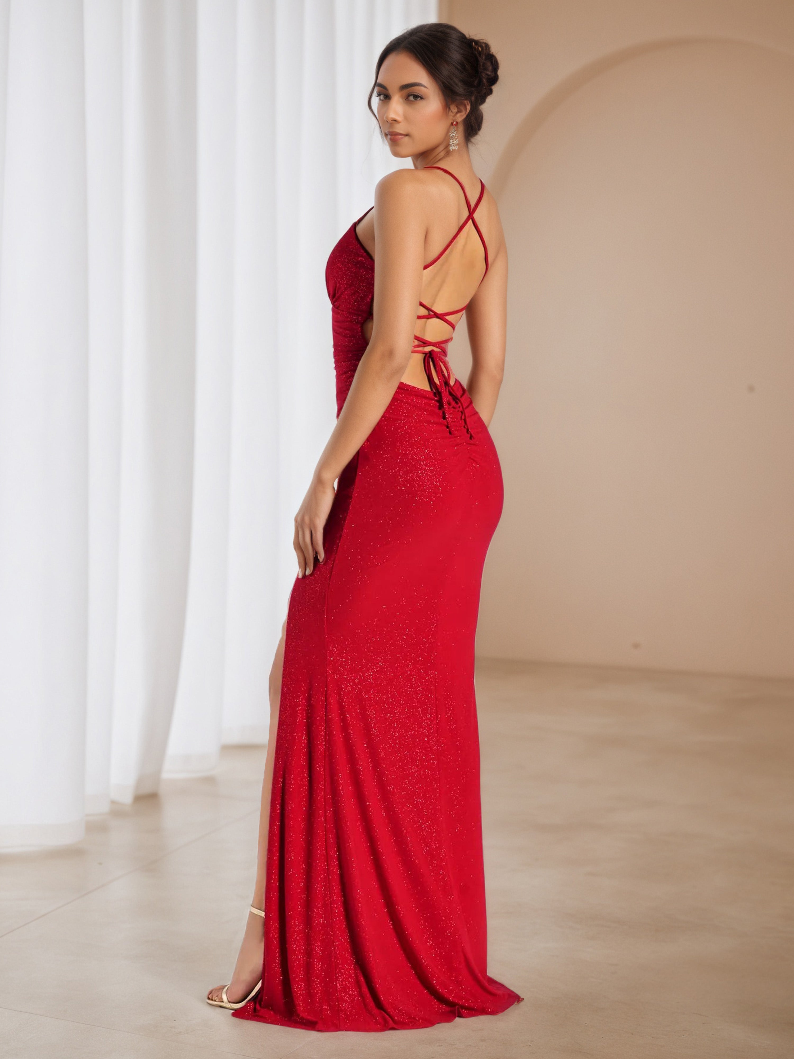 V-Neck Glitter Red Sweep/Brush Train Formal Dresses