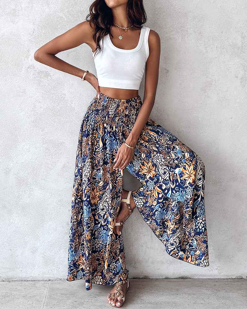 Multi Wide Leg Pants Floral Print Shirred Viscose - Jamota