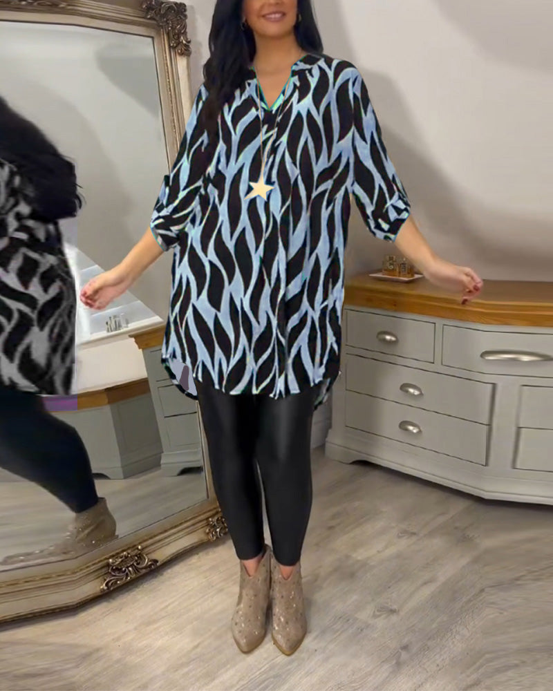 Abstract Print Roll Tab Long Sleeve Collared Button Down High Low Shirt Top