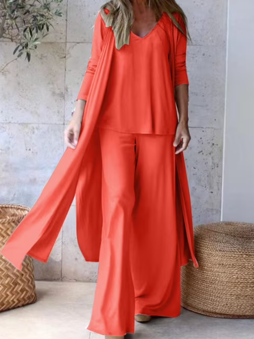 Satin Cami Wide Leg Pants and Longline Duster Three Piece Set